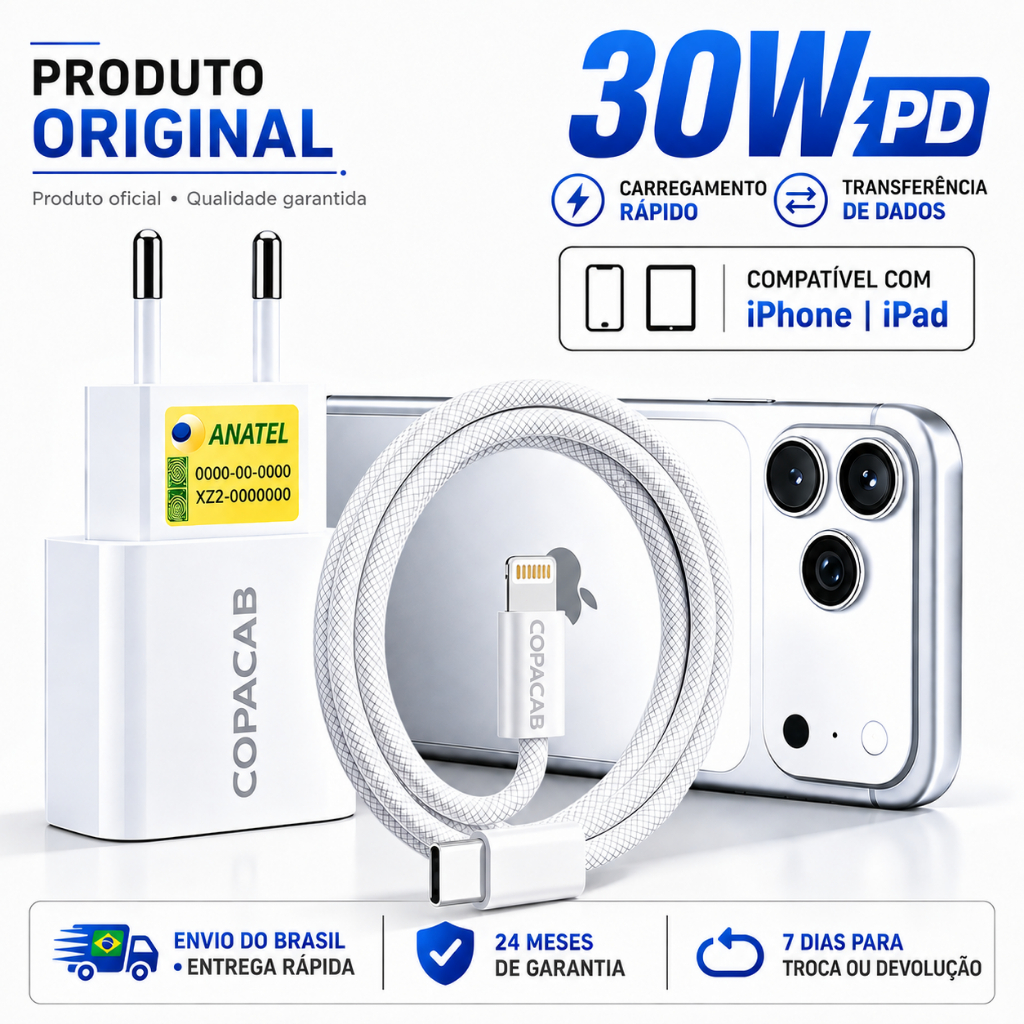 Carregador Tipo C 30W PD Original com Cabo USB-C para Lightning, Carregamento Rápido iPhone 11 12 13 14 15 16 17 Pro Max