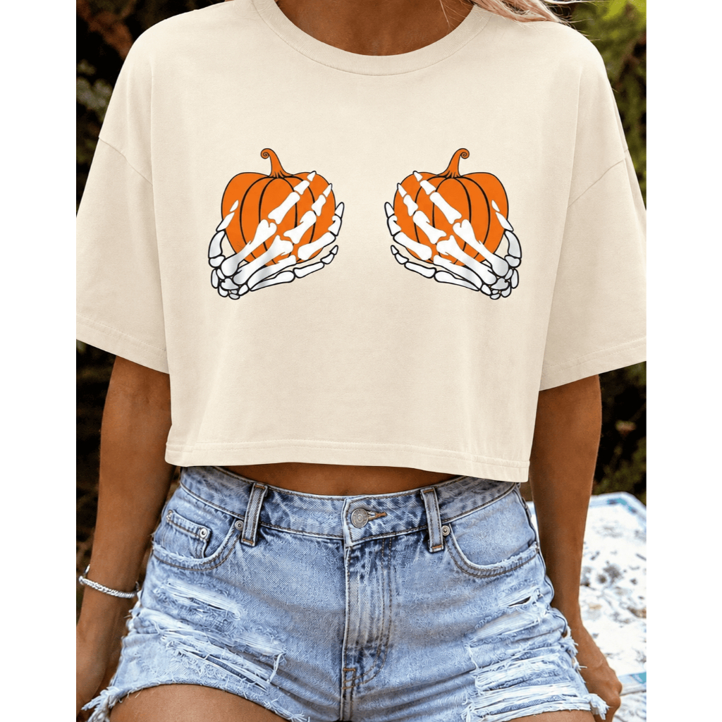 Cropped Feminino Oversized Halloween Abóbora Estampado Algodão Moda Casual Manga Curta Confortável Tendência