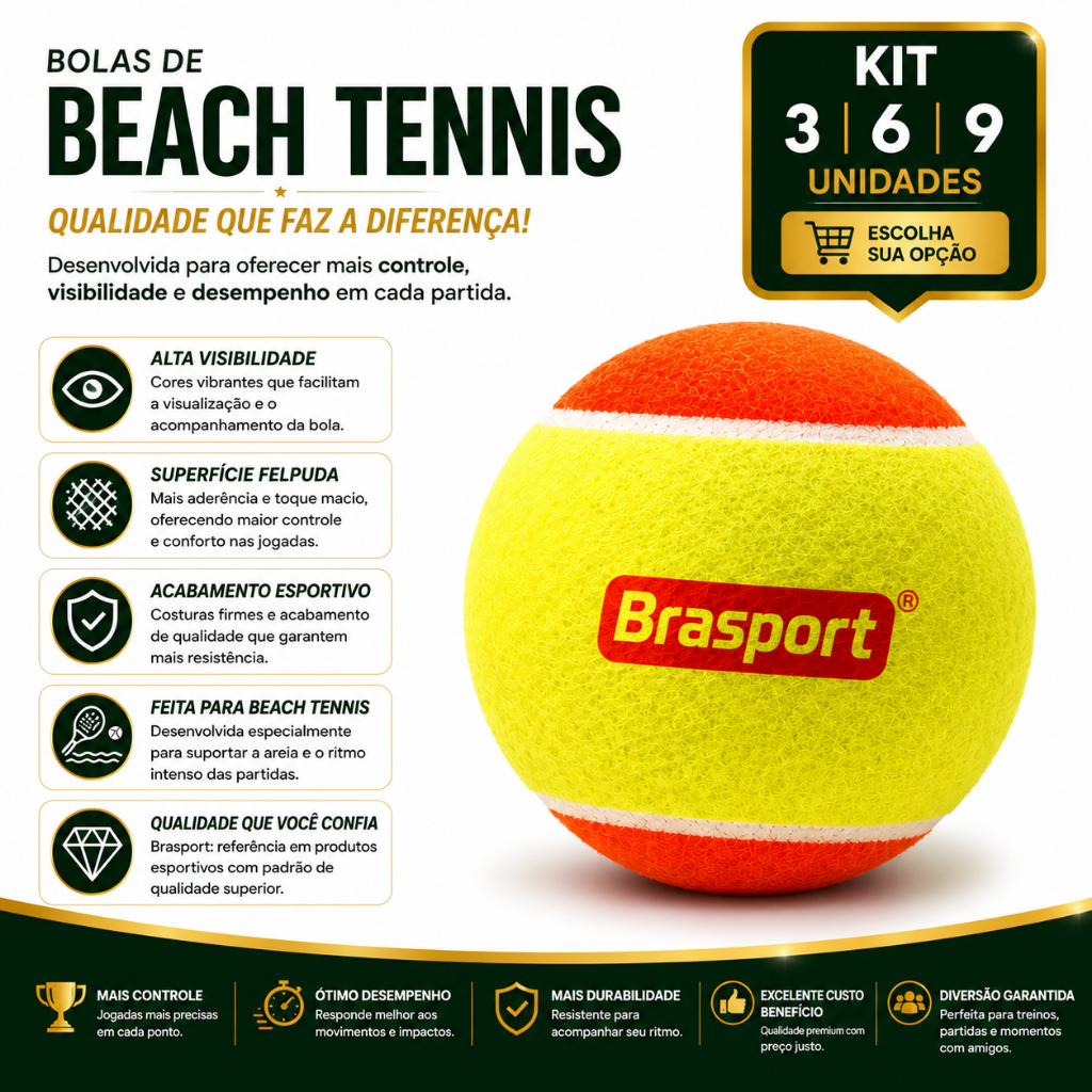 Bolas Beach Tennis Brasport kit 3/6/9 Unidades Profissional Treino Jogo Praia Quadra Esporte Lazer Alta Visibilidade