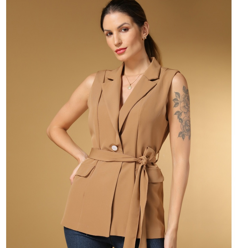 Colete feminino longo comprido  alfaiataria moda gringa cinto colete social