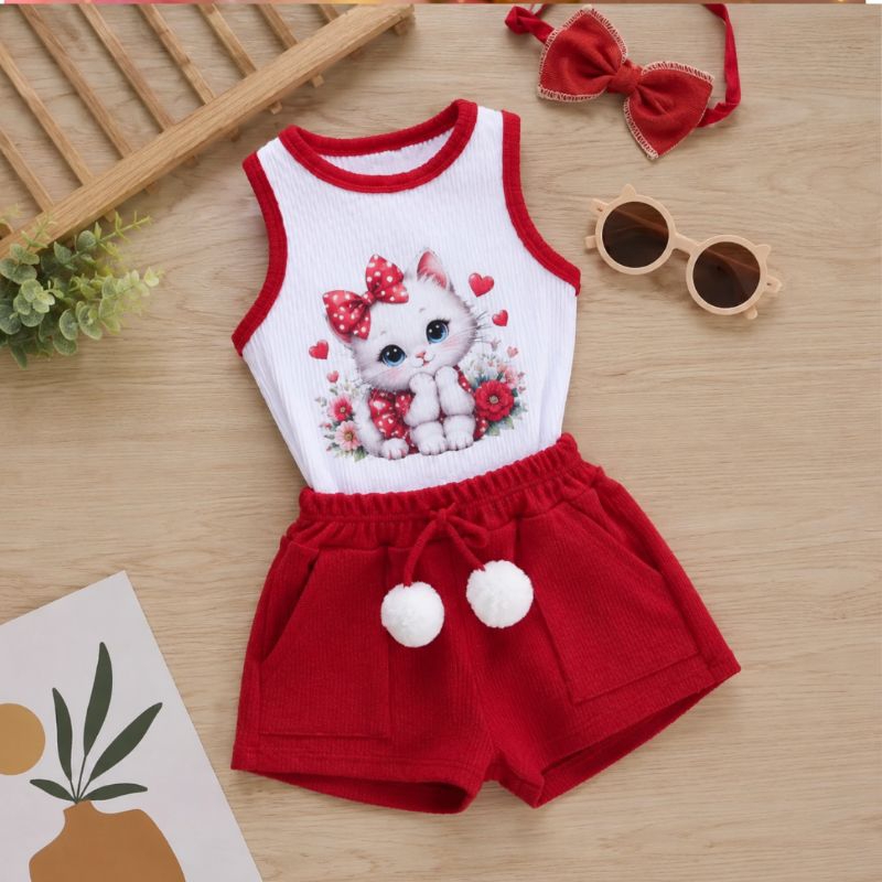 conjunto infantil menina bebê vermelho floral short estampado sortido e regata gatinha manhosa