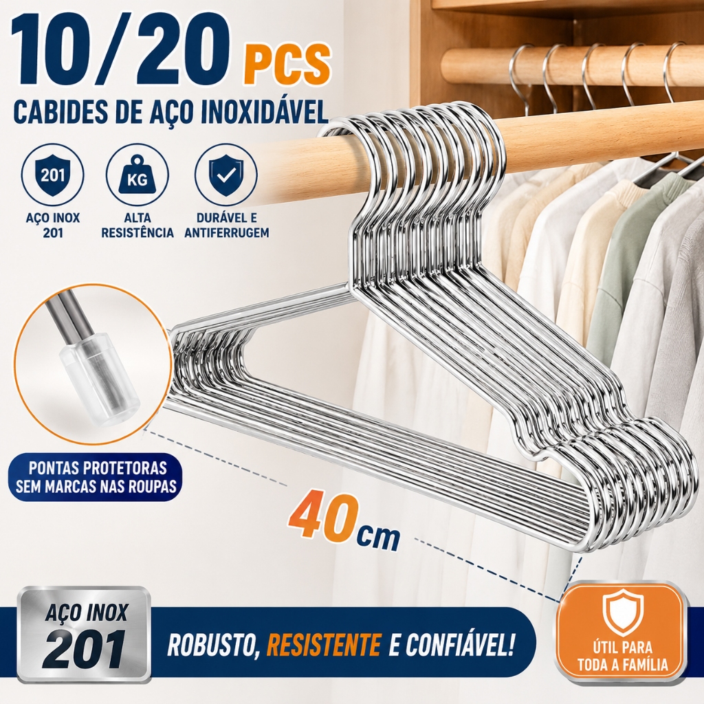 Conjunto de 10/20 peças de cabide de aço inoxidável adulto conjunto de aço cromado