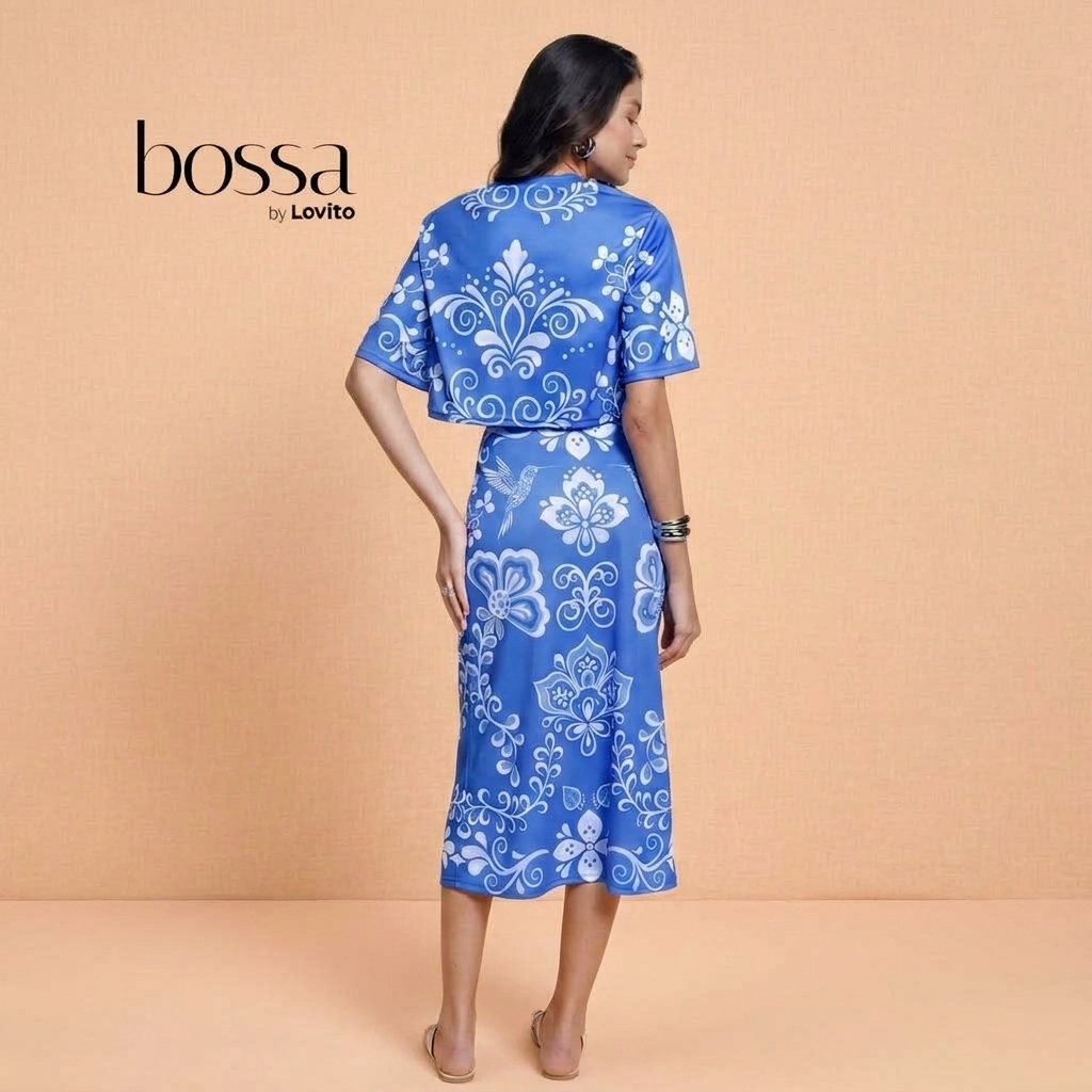 Lovito Bossa Conjunto Feminino Blusa e Saia Midi Estampa Arabescos BLB15931623 — imagem 2 de 2