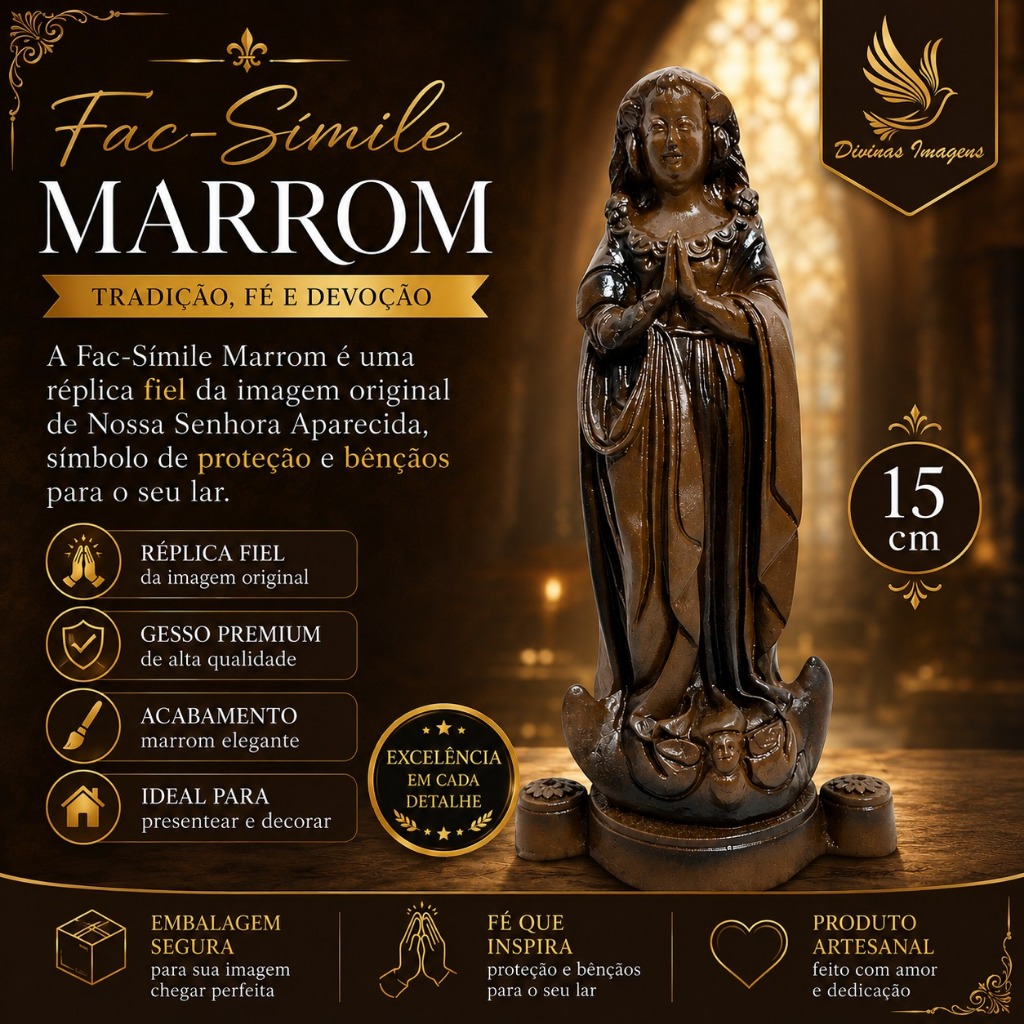 Imagem Nossa Senhora Aparecida Fac-Símile 15cm Marrom Gesso Premium Pintado