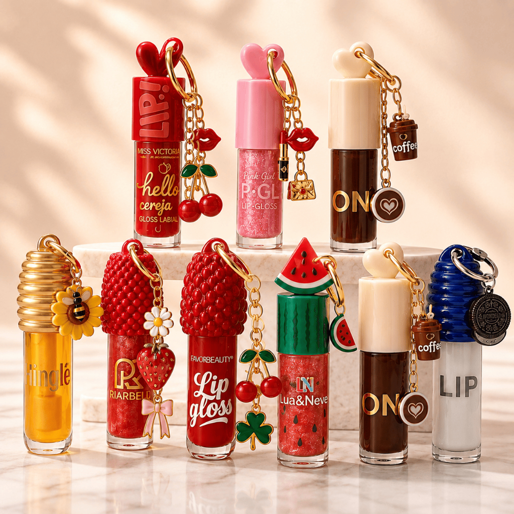 Gloss Labial Chaveiro Lip Oil Hidratante com Brilho Modelos Variados Infantil e Adulto