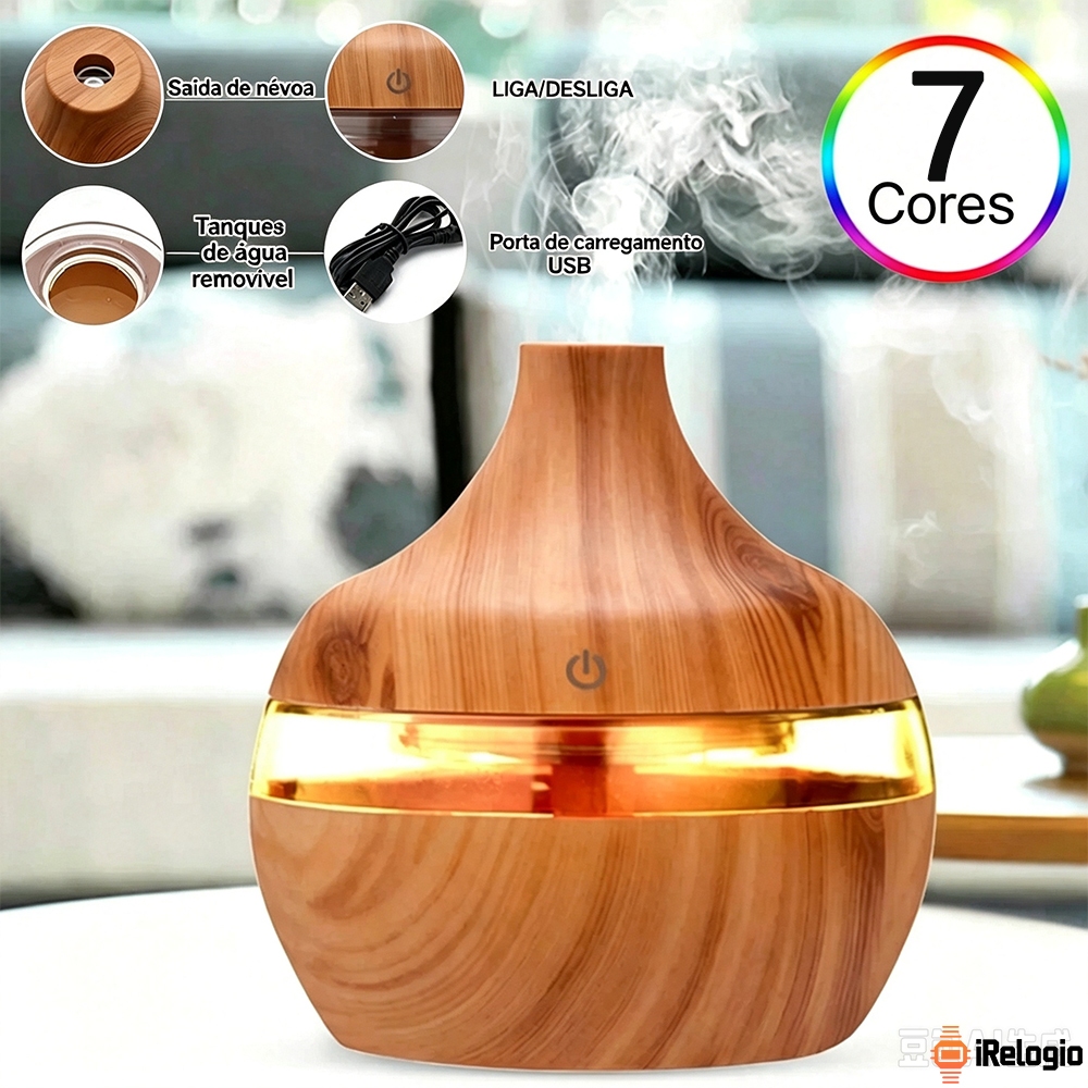Umidificador De Ar E Aromatizador Ultrassonico USB Madeira Purificador De Aromas Com Luz LED