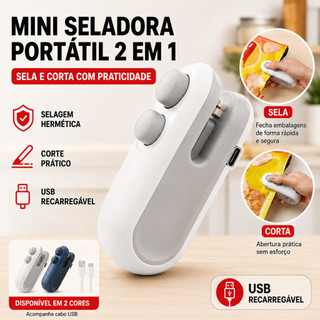 Mini Seladora Portátil 2 em 1 Recarregável USB Sela e Corta Sacos Conserva Alimentos Frescos para Cozinha Doméstica