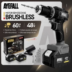 Parafusadeira Furadeira De Impacto Brushless 48V Sem Fio Kit Com 2 Baterias Brocas E Acessórios