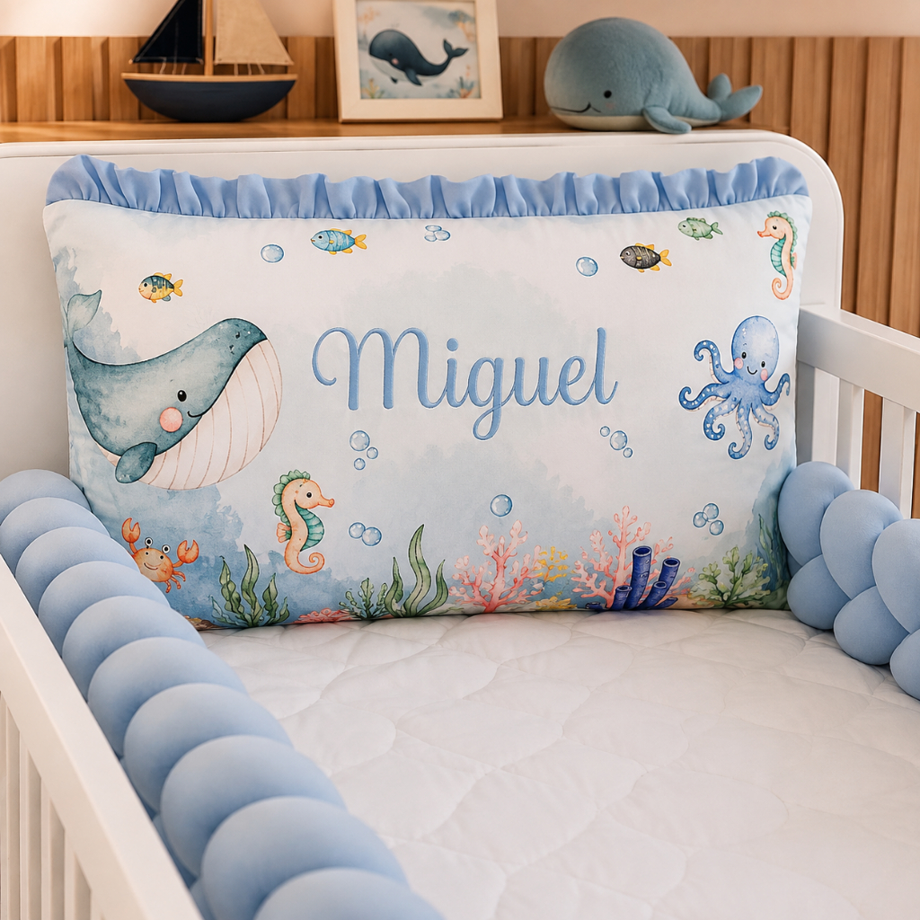 Kit Berço Personalizado Completo Protetor 3 Peças Berço Americano Mini Berço Menino Fundo do Mar Azul