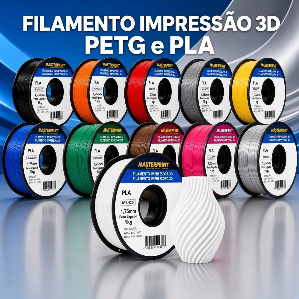 Filamento MasterPrint PLA PETG 1Kg 1.75mm para Impressora 3D preto branco cores