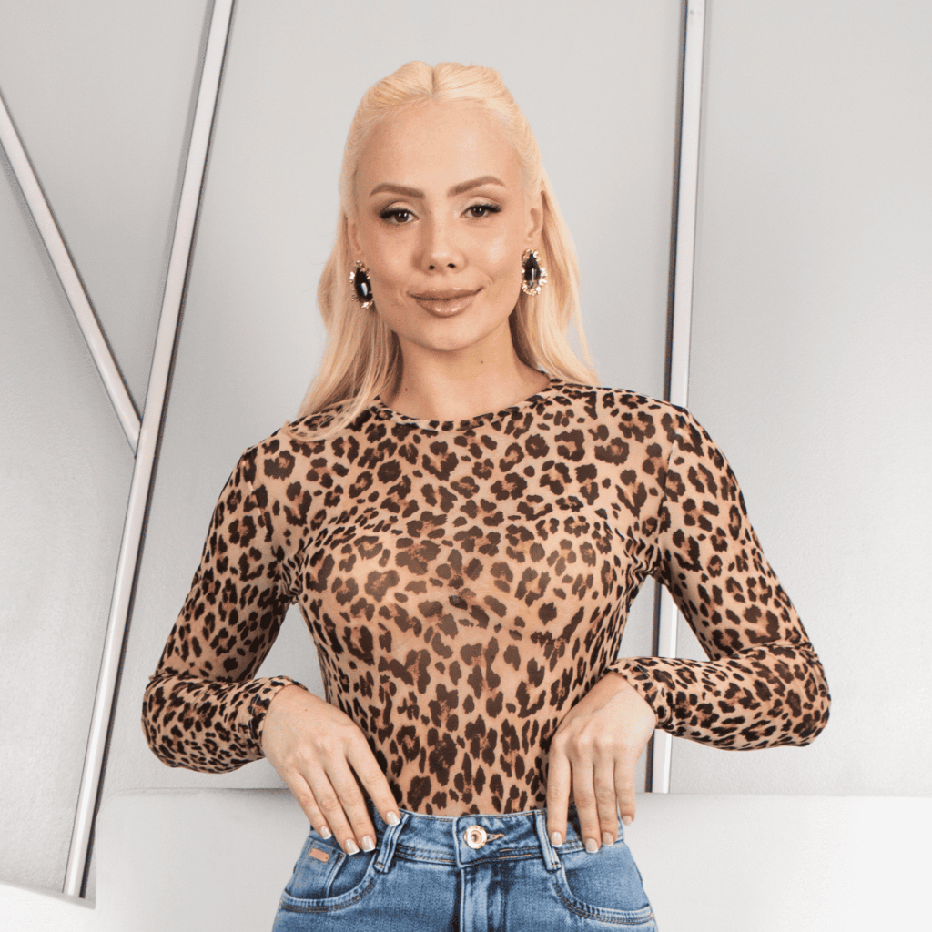 Blusa Feminina Tule Manga Longa Transparente Segunda Pele Animal Print Leopard Fashion