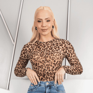 Blusa Feminina Tule Manga Longa Transparente Segunda Pele Animal Print Leopard Fashion