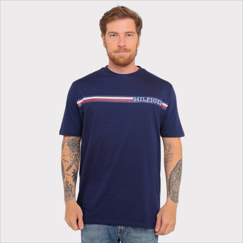 Camiseta Masculina Tommy Hilfiger Logo Listrado no Peito Original