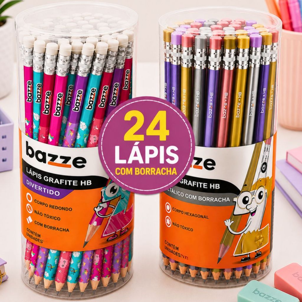 Kit 24 Lápis Com Borracha de Escrever Escolar Ponta Resistente Lápis Divertido- Várias Estampas