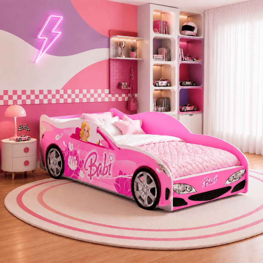 Cama Carro Meninas Solteiro Montessoriana Temática Infantil Adesivada Personagens MDF Quarto Para Colchão Solteiro - AV