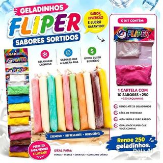 Kit para geladinho cremoso fliper 1 cartela com 10 sabores Gourmet Juju Sacolé Dudu Flau  Chupe-Chupe picolé de saco