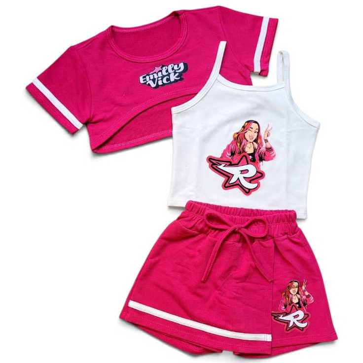 Conjunto Infantil Menina Cropped Saia Short Camiseta Modinha Blogueirinha