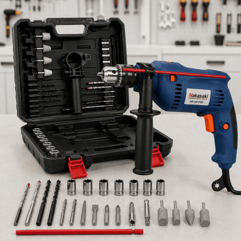 Furadeira de Impacto Elétrica Nakasaki 800W 13mm Profissional com Maleta e 28 Peças 220V