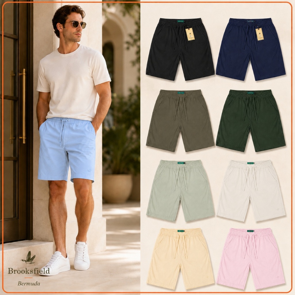 Short Masculino Brooksfield Casual Premium com Elástico, Cordão, Bolsos e Bordado Tom Sobre Tom