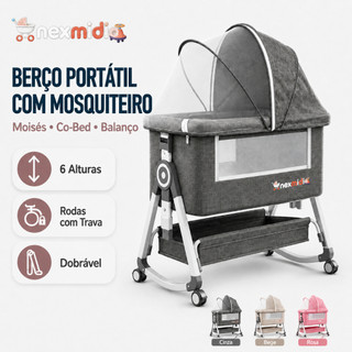 Berço de Bebê Portátil com Mosquiteiro Moisés Co-Bed Balanço 6 Alturas Rodinhas e Trava de Segurança