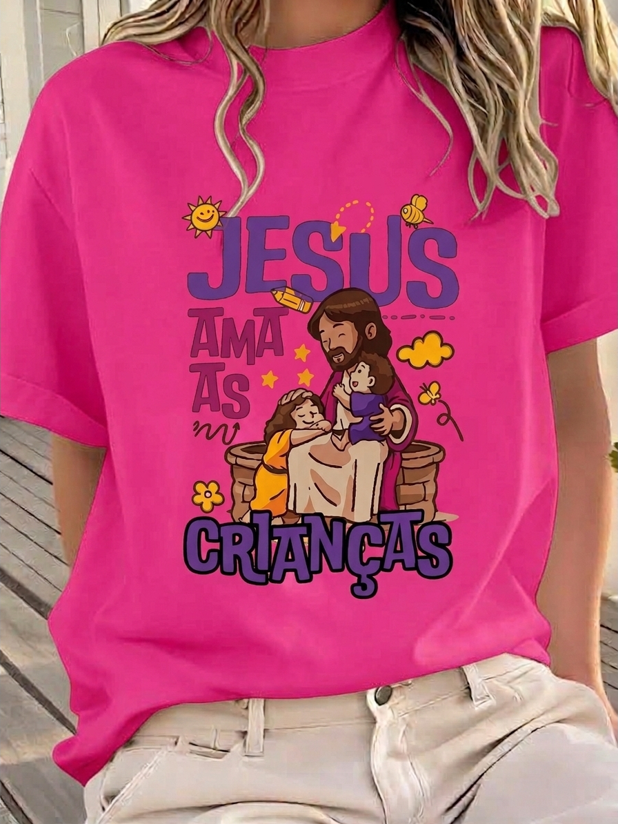 Camiseta Gospel Infantil Jesus Ama as Crianças Menina Menino Algodão Estampa Religiosa