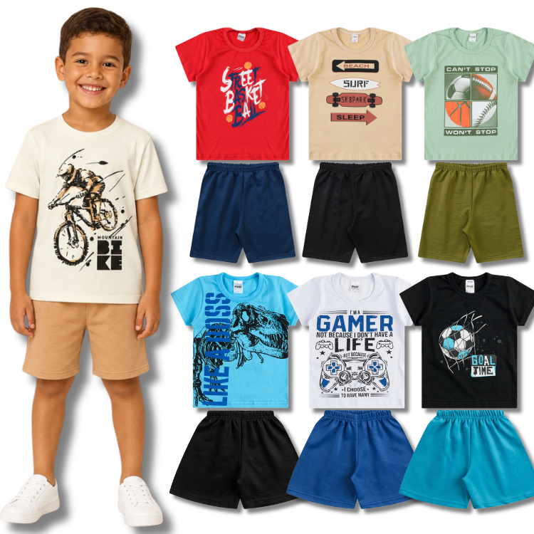 Kit 2 Conjuntos Camiseta e Bermuda Masculino/Menino Verão Infantil - Blusa Estampada e Bermuda Lisa