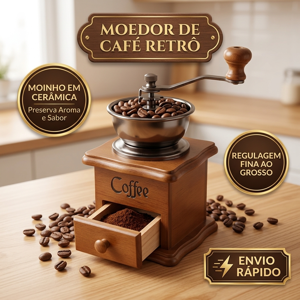 Moedor De Café Manual Vintage Em Madeira Moinho Cerâmica Regulável com gaveta