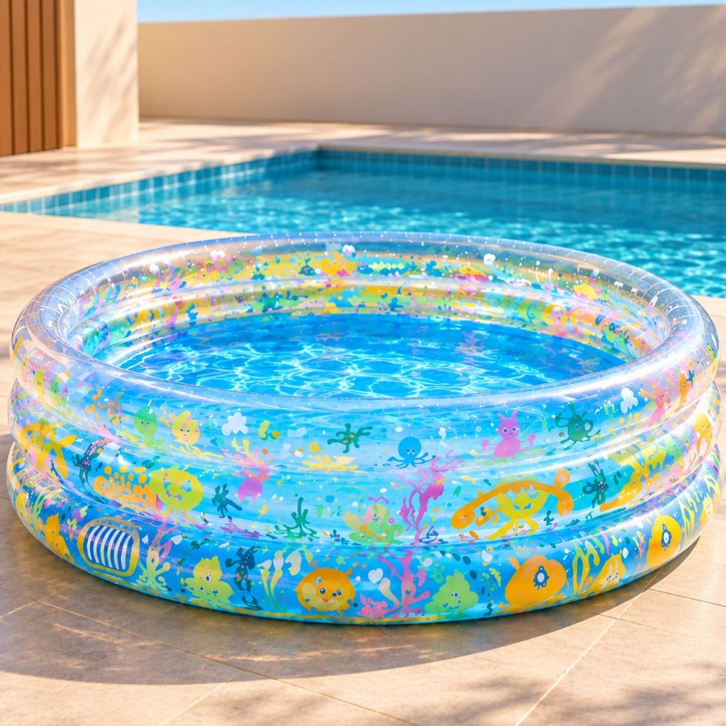 Piscina Inflável Infantil 3 Anéis Transparente 253 Litros Fundo Do Mar Para Crianças, Bebes, Campo, Praia Resistente