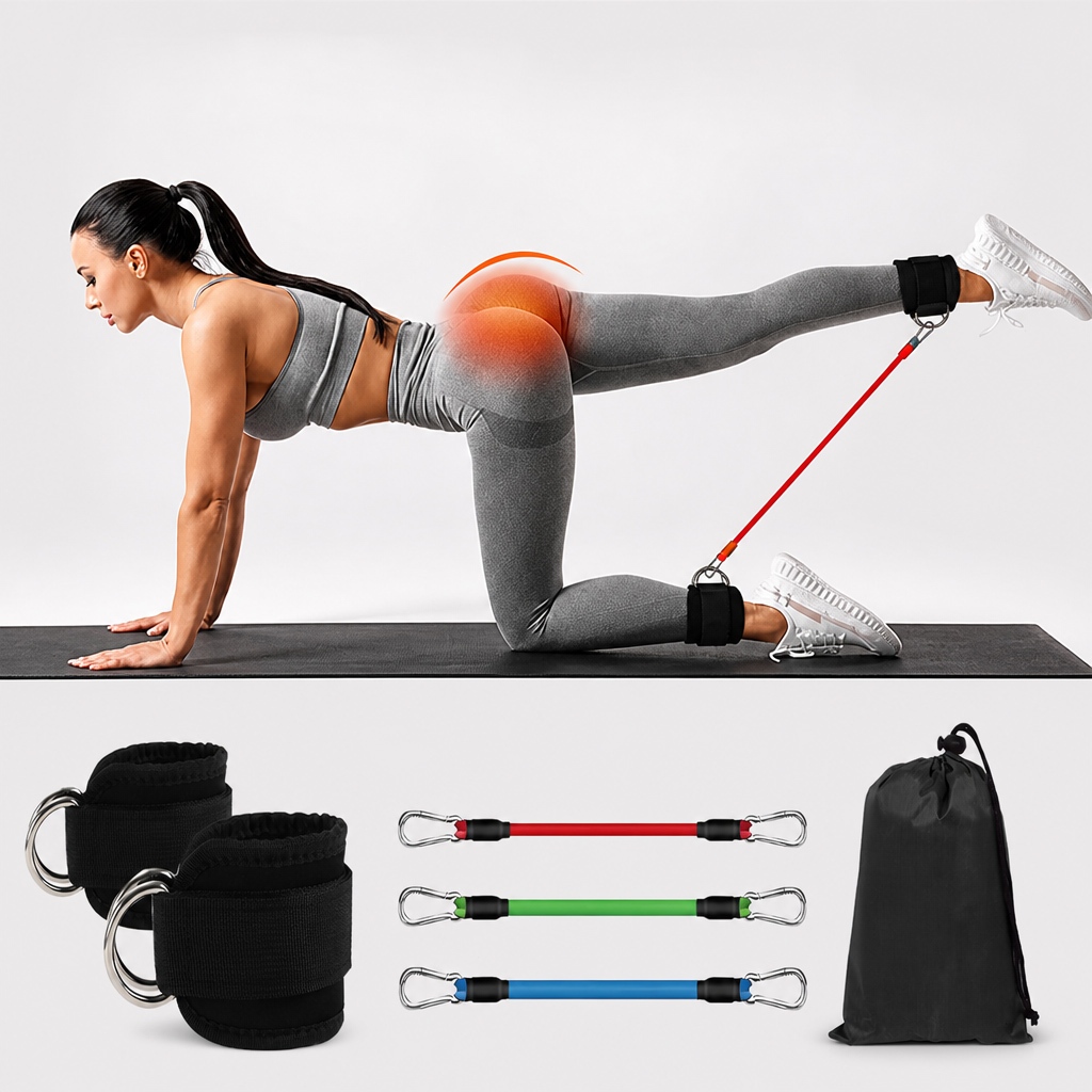 Imagem Kit Completo Tornozeleira com Elástico de Resistência para Treino de Glúteos e Pernas Casa Academia