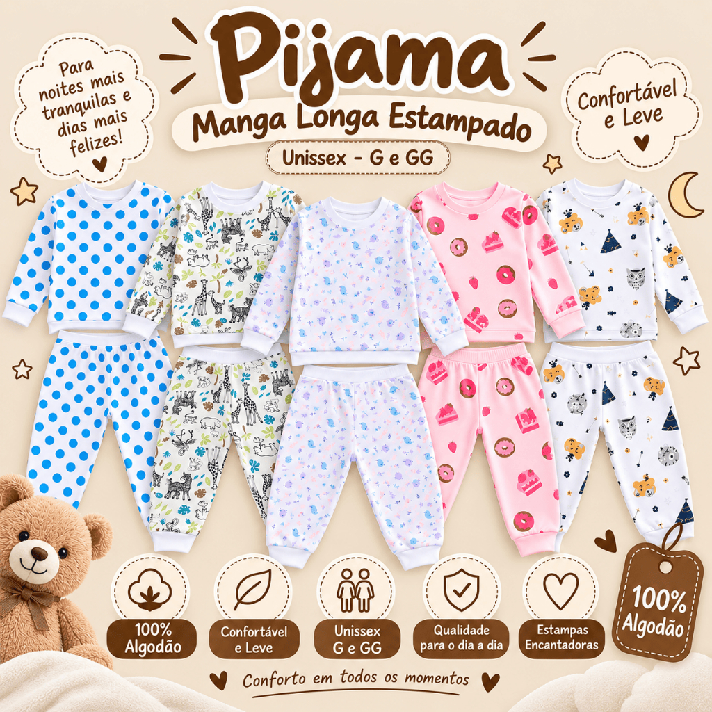 Pijama Infantil Manga Longa 100% Algodão Unissex Menino Menina Conjunto Estampado Confortável Tamanhos G e GG Bem Leve