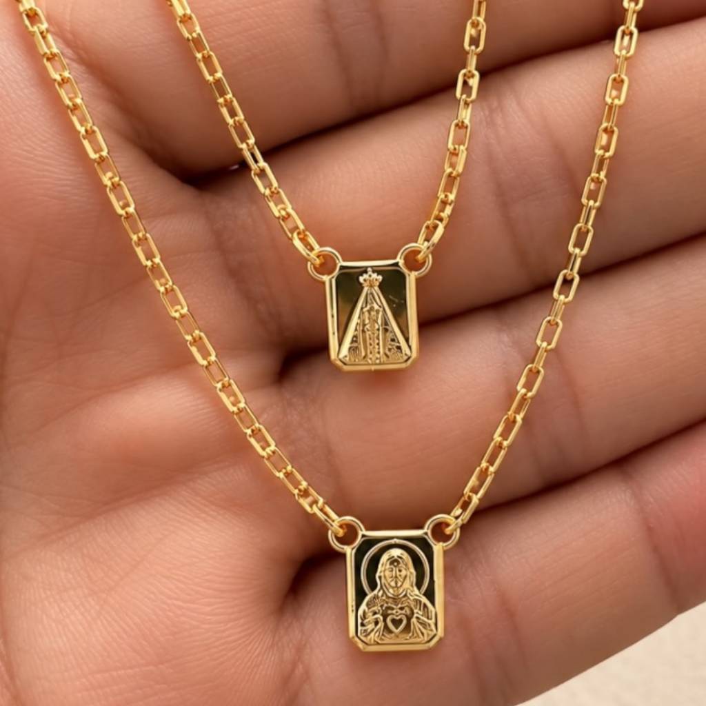 Escapulário Masculino Sagrado Coração de Jesus e Nossa Senhora de Aparecida Folheados a Ouro 18k....