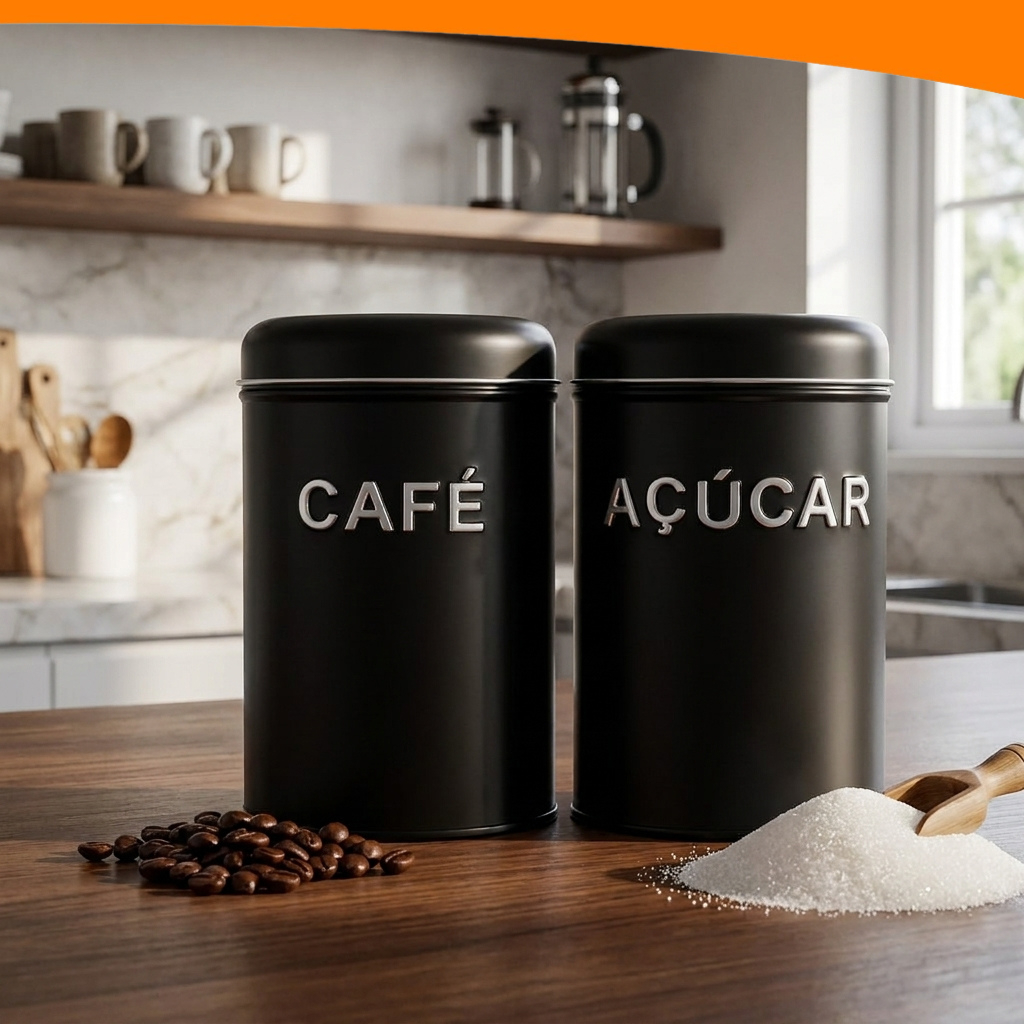 Conjunto Latas Hérmetico Pote Café e Açúcar Porta Organizador de Cozinha Mantimentos Casa
