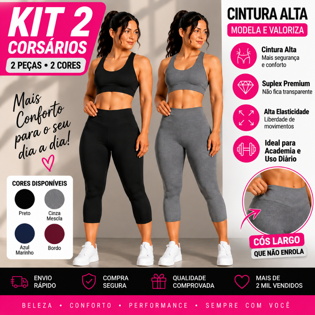 KIT 2 Calças Legging Corsário Feminina Cintura Alta Suplex Academia Fitness