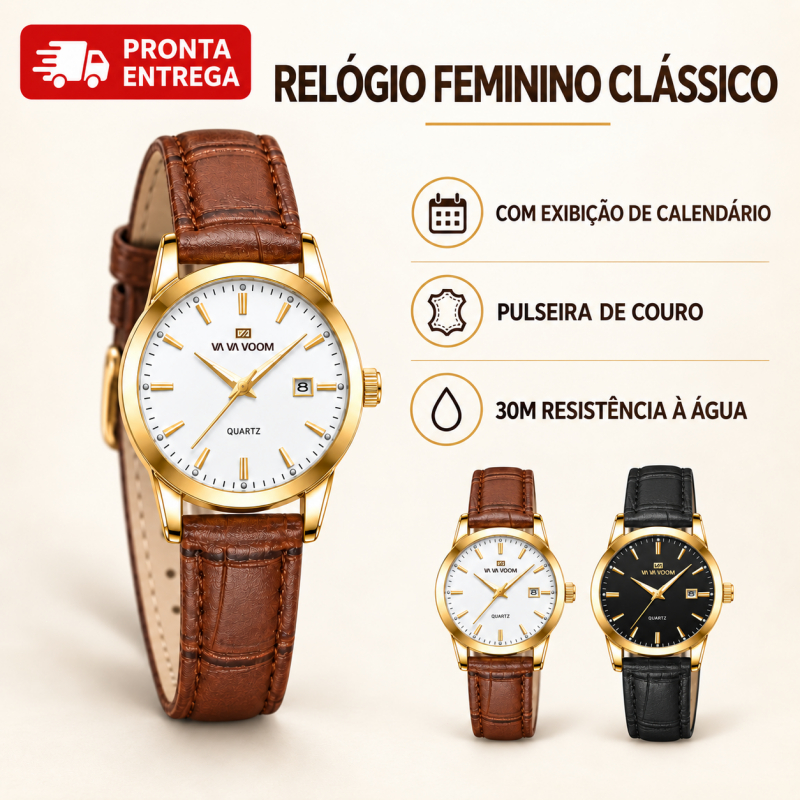 Relógio Feminino Clássico Elegante Quartzo Com Exibição de Calendário Pulseira de Couro 30M Resistência à Água