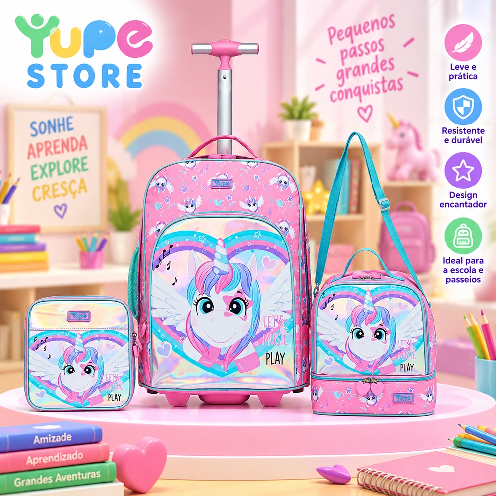 YUPE Kit Mochila Lancheira Estojo Unicórnio Feminina Escolar