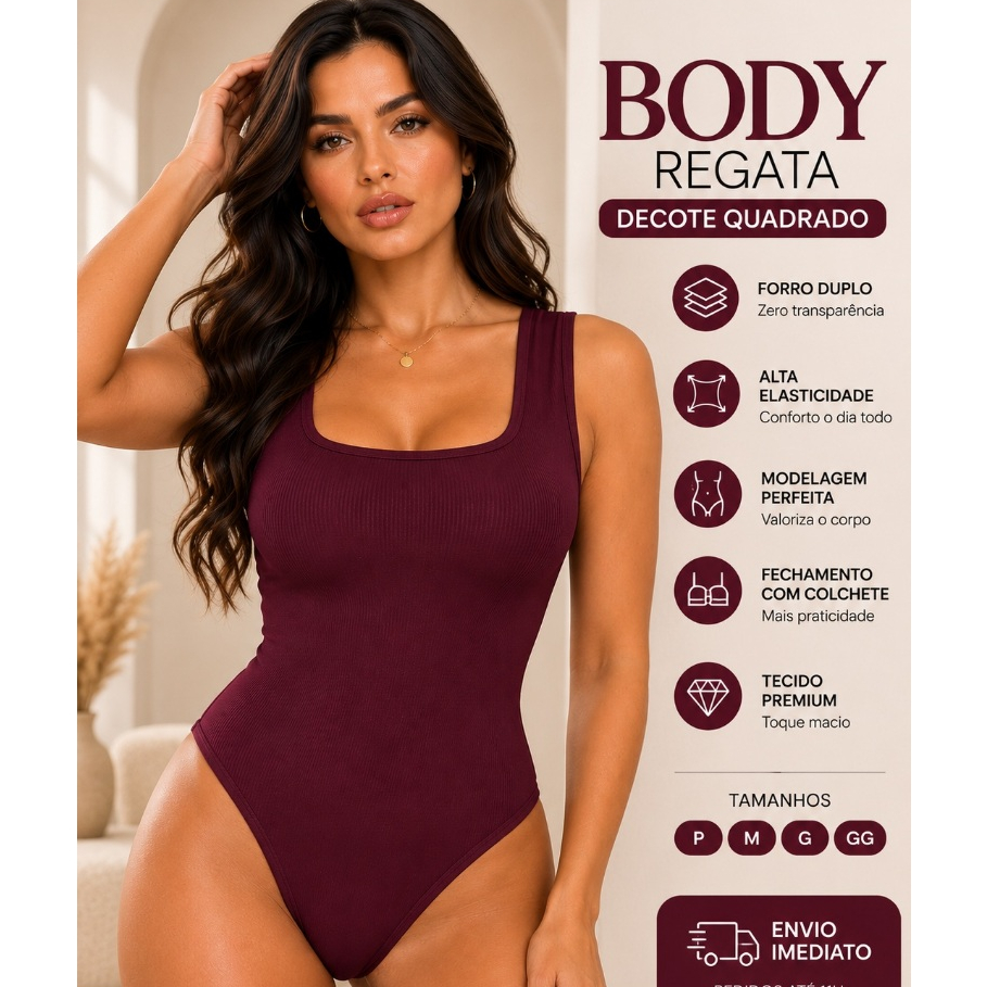 Body Bory Feminino Regata Decote Quadrado Alça Grossa Suplex Forro Duplo com Fecho Confortável P ao GG