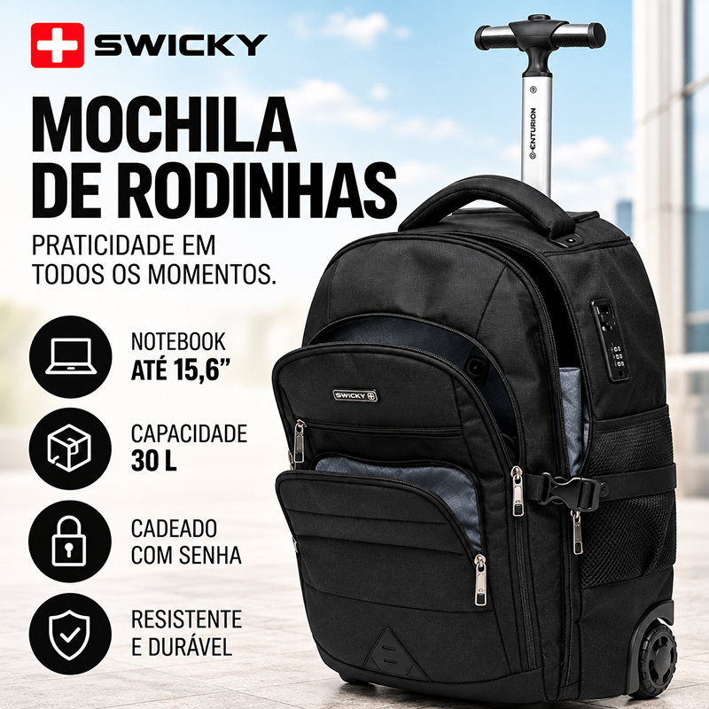 Mochila de Rodinhas Swicky Executiva Notebook 15,6 30L Reforçada com Cadeado