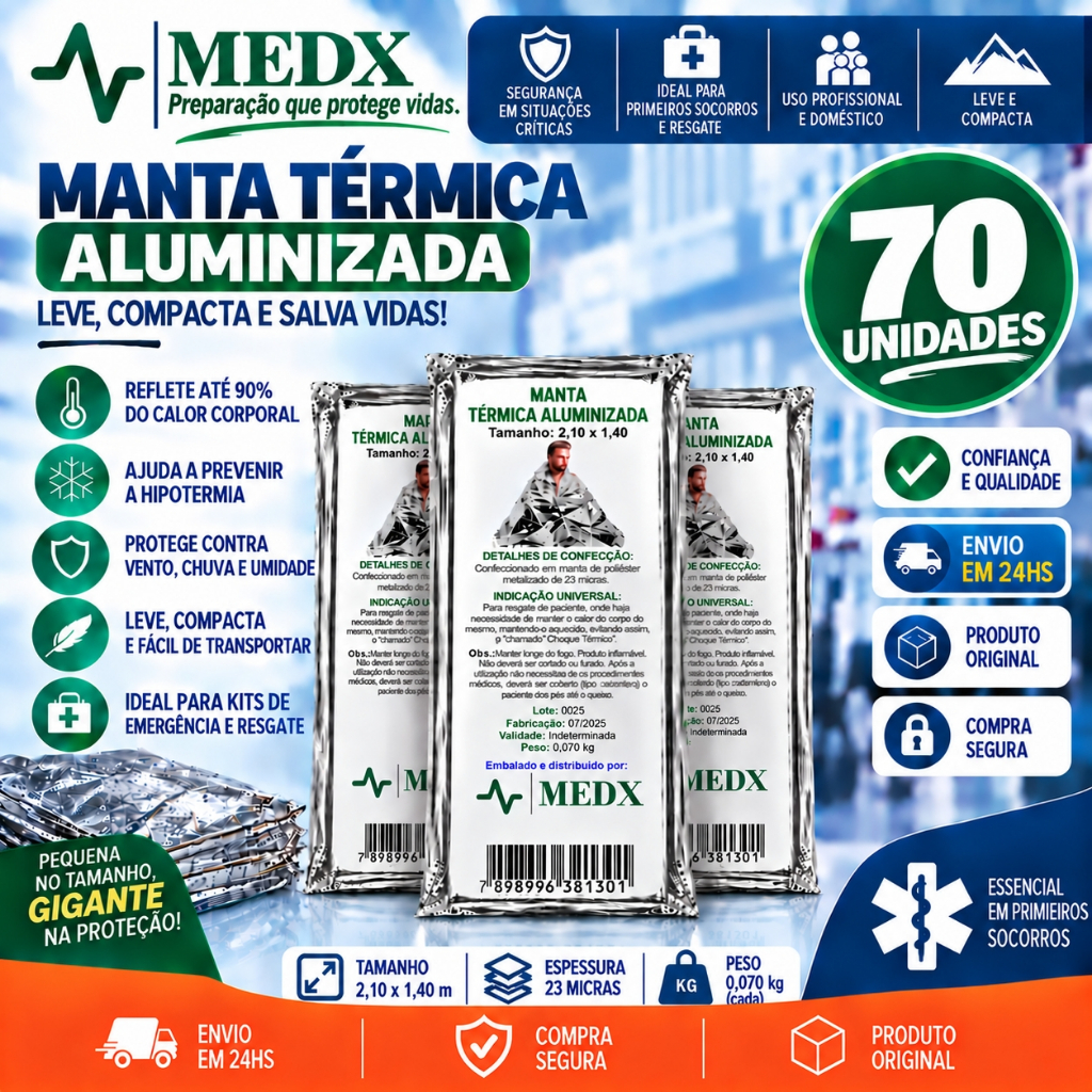 Kit 70 Un Manta Térmica Aluminizado Para Resgate, Emergência e Camping Isolamento Térmico