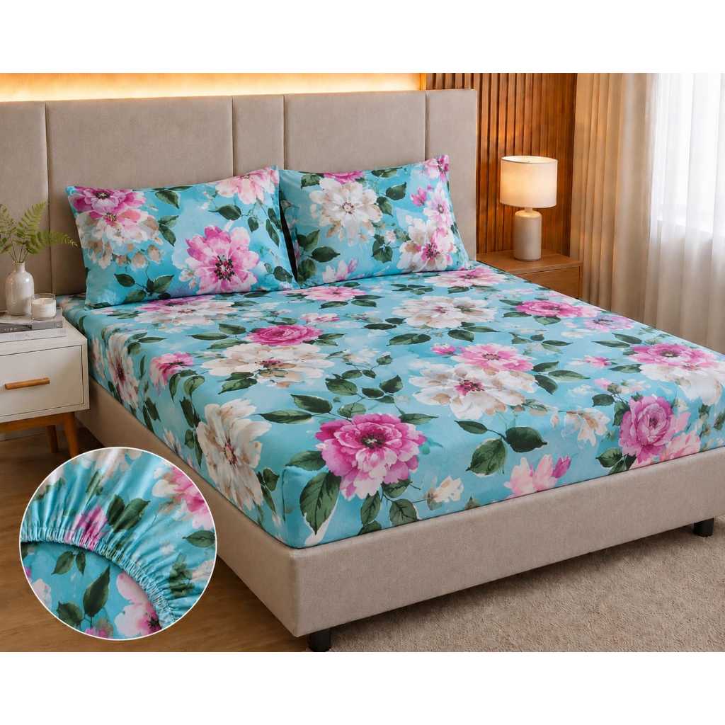 Lençol de cama floral com elástico microfibra casal box estampado Tok macio