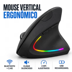 Mouse Vertical Ergonômico Sem Fio Recarregável USB Bluetooth Silencioso Ortopédico Mão Direita PC Gamer