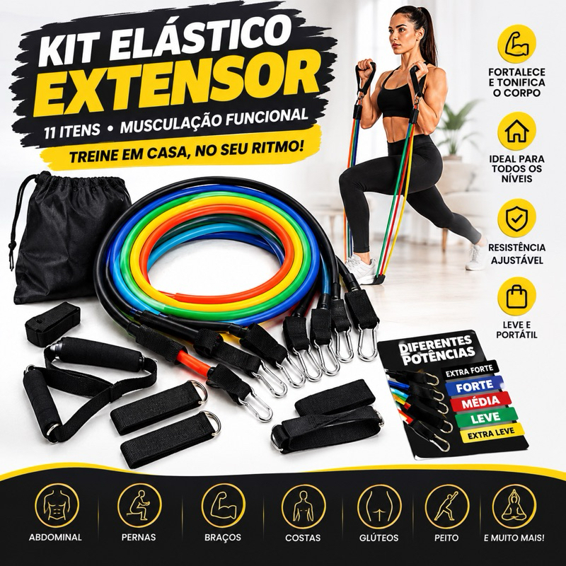 Kit Elástico Extensor 11 Itens Musculação Funcional Em Casa Cor Preto