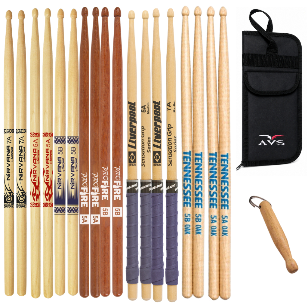 kIT Baquetas de Bateria 7A 5A 5B Liverpool e Profire 9 Pares Variadas + Bag Baquetas + Chaveiro