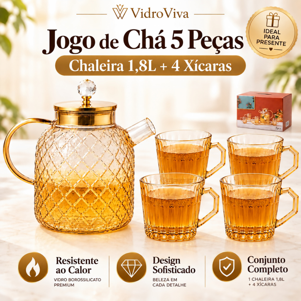 Kit Chá 5 Peças para Presente Chaleira de Vidro 1,8L com 4 Xícaras Âmbar Borossilicato