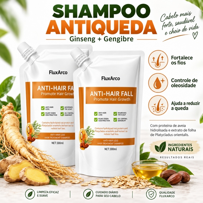 FluxArco Shampoo Antiqueda Ginseng e Gengibre 300ml Fortalecedor dos Fios Controle Oleosidade Cuidado Capilar Diário