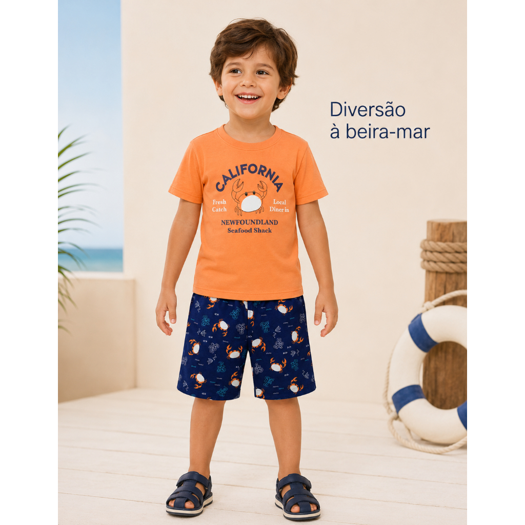 Conjunto Infantil Menino Camiseta e Bermuda Moletinho Estampada 4ao8 CLEOMARA 86