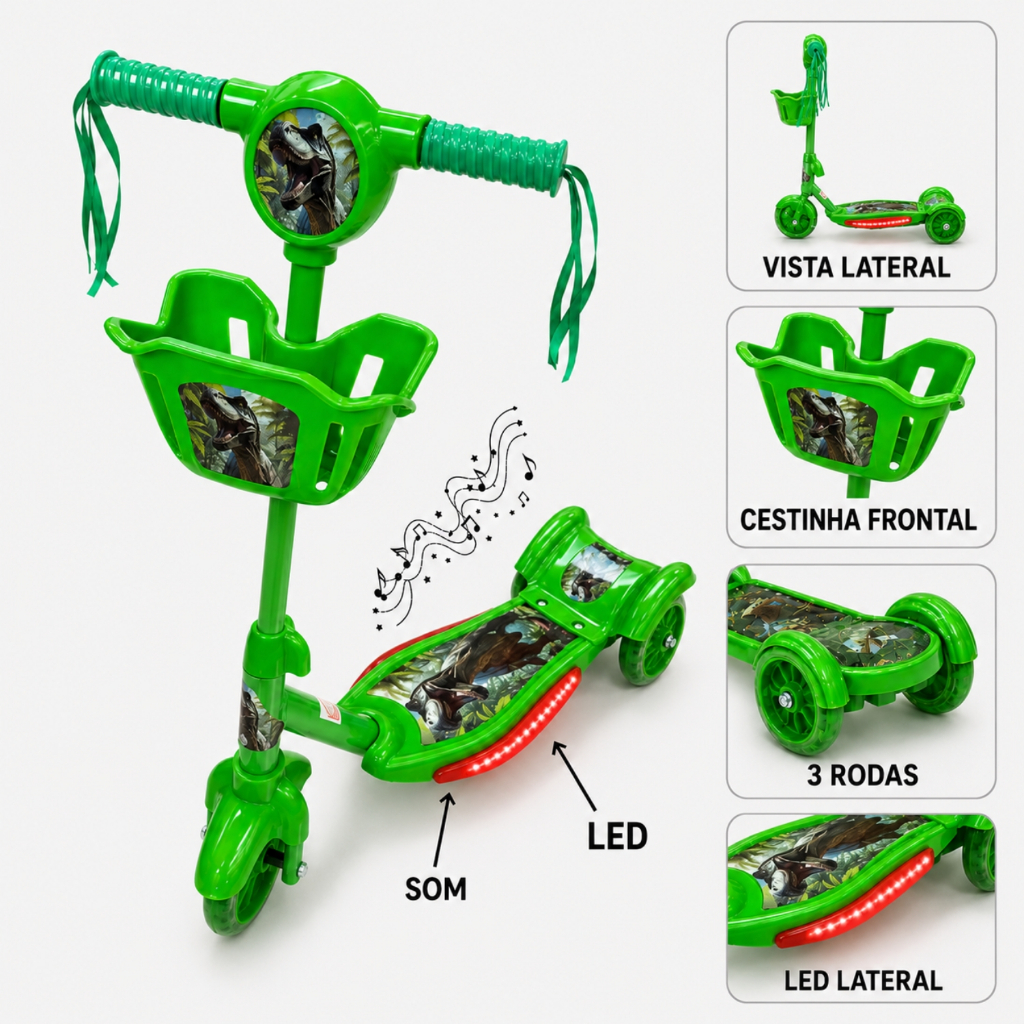 Patinete Infantil Dinossauro Verde 3 Rodas e Freio Com Luz LED Som Musical Cestinha Brinquedo Menino Criança