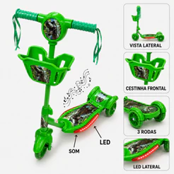 Patinete Infantil Dinossauro Verde 3 Rodas e Freio Com Luz LED Som Musical Cestinha Brinquedo Menino Criança