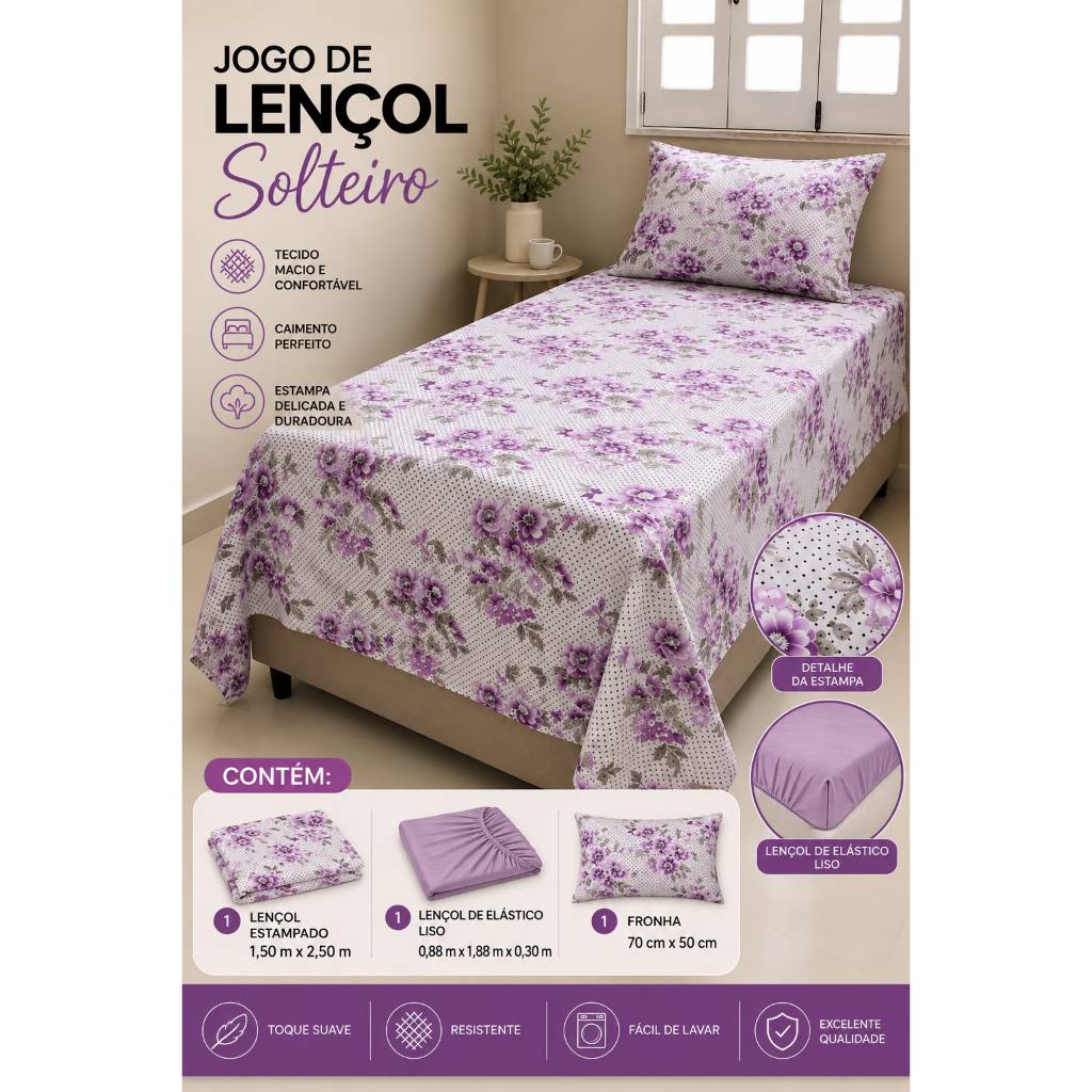 Jogo de Lençol Cama Solteiro Estampado 3pç S/Elástico Micropercal 500 Fios Toque Macio de Algodão