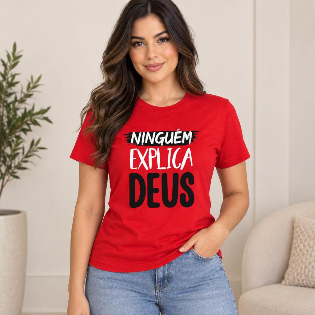 Camiseta Feminina Algodão Cristã Ninguém Explica Deus Estampada