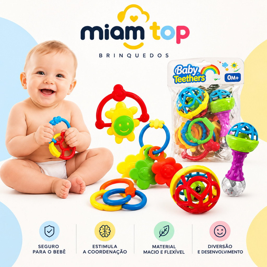 Chocalho para Bebe Mordedor Brinquedo Infantil Educativo Bebê 8 Peças